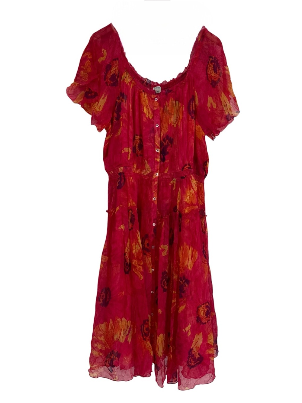 SUNDANCE Cressida Day Dress Floral Flutter Sleeve Pink Size L Button Front Tiers